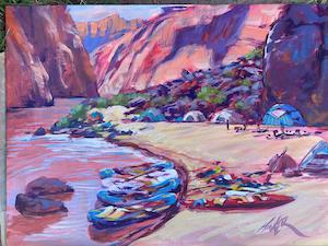 David Kinker painting of rafts and the Pacuare River