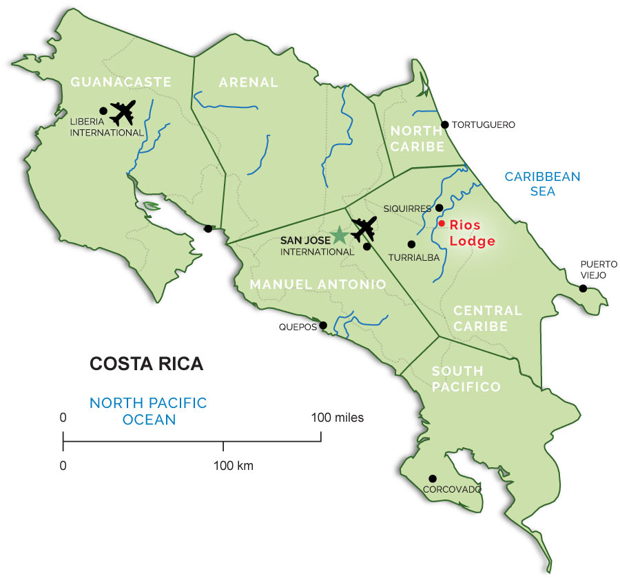 Map of Costa Rica showing where the Rios Lodge is located from San Jose International Airport