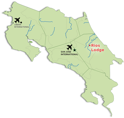 A map showing the location of the Rios Lodge, Costa Rica